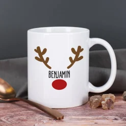 Weihnachtstasse mit Rentiernase, Geweih und Ihrem Wunschnamen