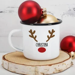 Weihnachtstasse mit Rentiernase, Geweih und Ihrem Wunschnamen
