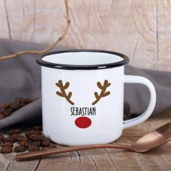 Weihnachtstasse mit Rentiernase, Geweih und Ihrem Wunschnamen