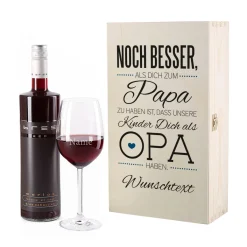 Weinflasche mit graviertem Glas und Holzbox für den besten Opa