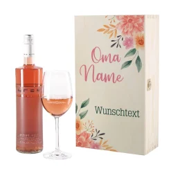 Wein-Geschenkset für die Oma mit Holzbox, Weinglas und BREE Weinflasche
