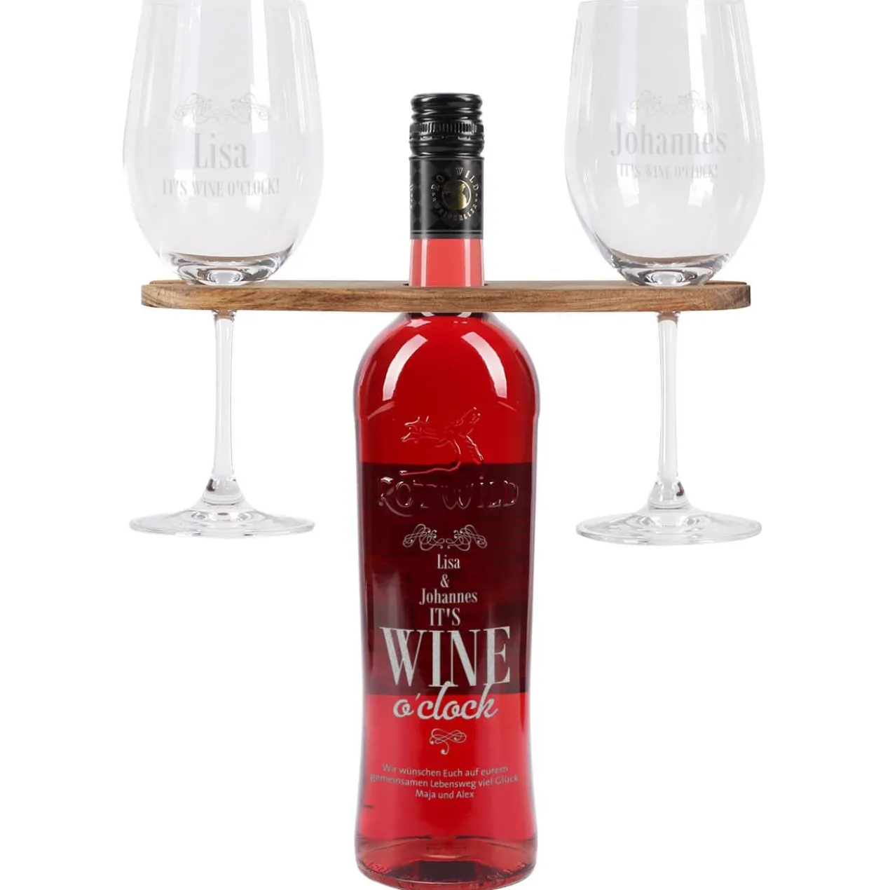 Weingeschenk Set - It`s Wine o`clock! - mit gravierter Weinflasche, Weingläsern und Weinbutler