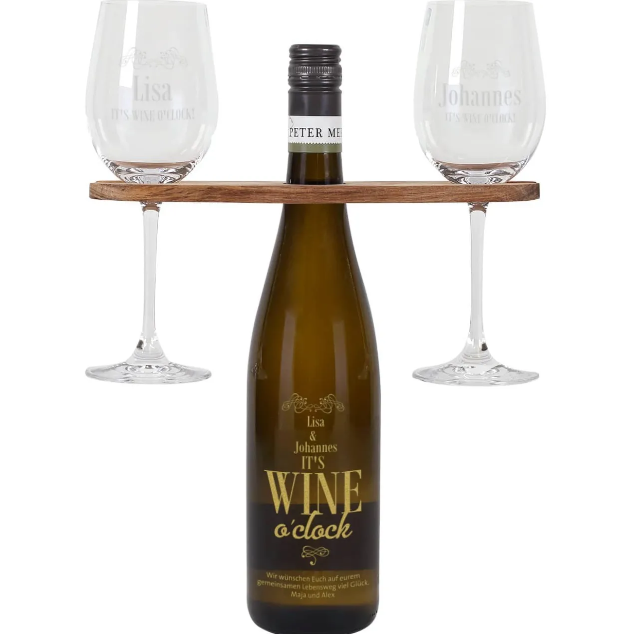 Weingeschenk Set - It`s Wine o`clock! - mit gravierter Weinflasche, Weingläsern und Weinbutler