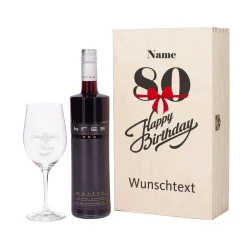 Weingeschenkset zum 80. Geburtstag mit graviertem Weinglas und Flasche in bedruckter Holzbox