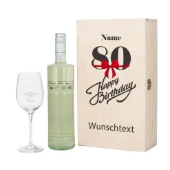 Weingeschenkset zum 80. Geburtstag mit graviertem Weinglas und Flasche in bedruckter Holzbox