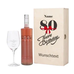 Weingeschenkset zum 80. Geburtstag mit graviertem Weinglas und Flasche in bedruckter Holzbox