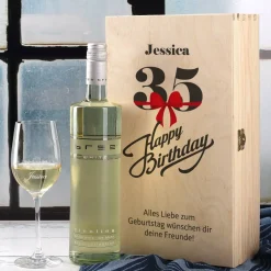Wein - Geschenkset zum 35. Geburtstag mit graviertem Glas und Flasche