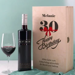 Wein - Geschenkset zum 30. Geburtstag aus Glas und Flasche in persönlicher Holzbox