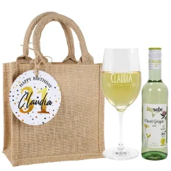Wein Geschenkset zum Geburtstag mit Weinglas, Wein und Jutetüte