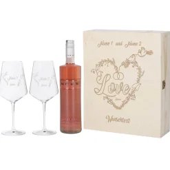 Wein Geschenkset zur Hochzeit mit personalisierter Holzbox und Weinglas mit Gravur