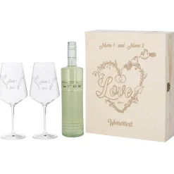 Wein Geschenkset zur Hochzeit mit personalisierter Holzbox und Weinglas mit Gravur