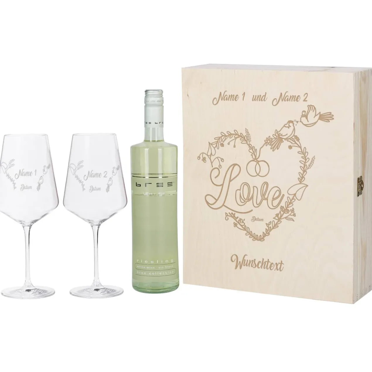 Wein Geschenkset zur Hochzeit mit personalisierter Holzbox und Weinglas mit Gravur