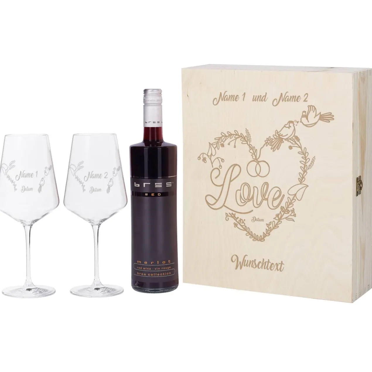 Wein Geschenkset zur Hochzeit mit personalisierter Holzbox und Weinglas mit Gravur