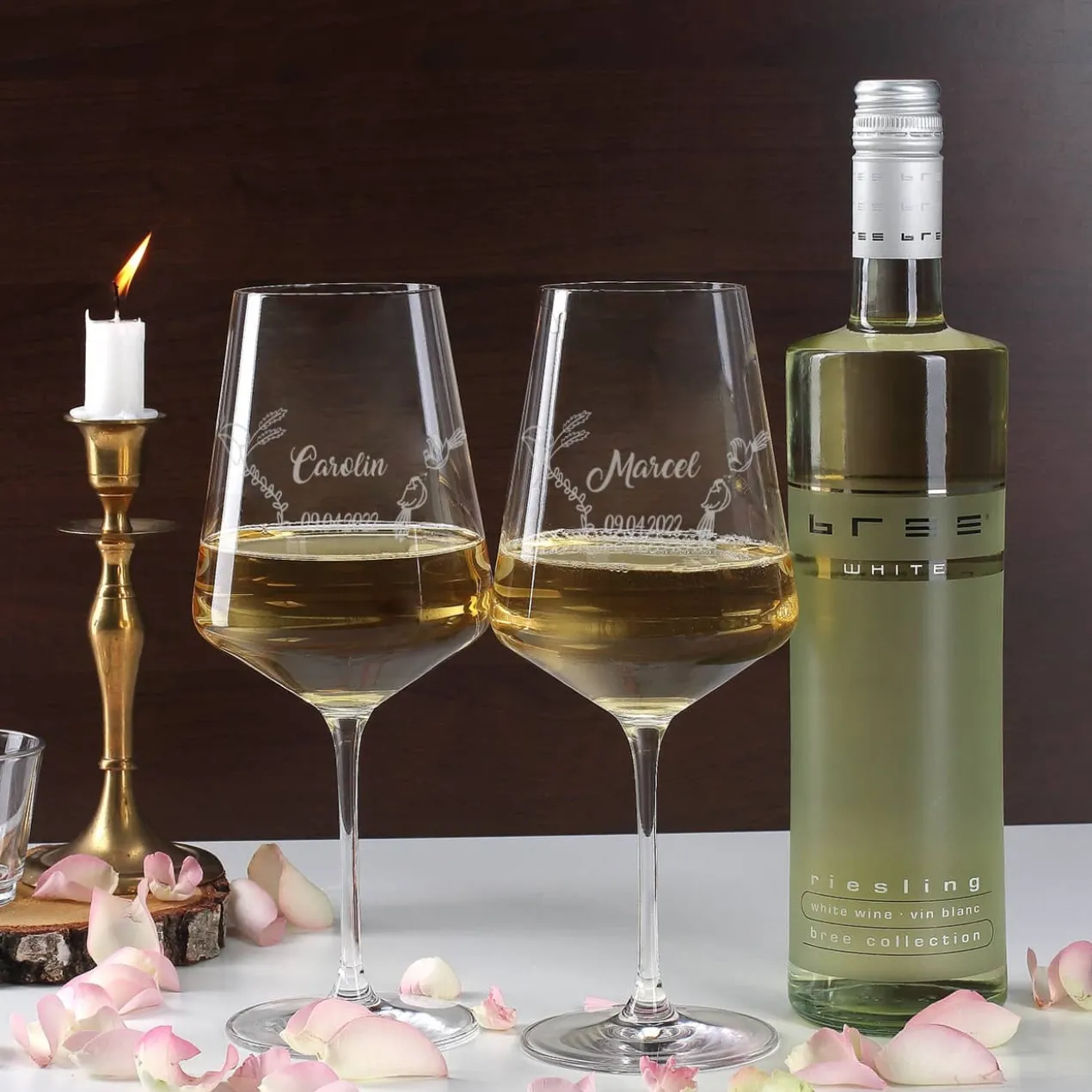 Wein Geschenkset zur Hochzeit mit personalisierter Holzbox und Weinglas mit Gravur