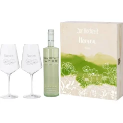 Wein-Geschenkset zur Hochzeit mit zwei gravierten Gläsern in einer persönlich gestalteten Holzbox