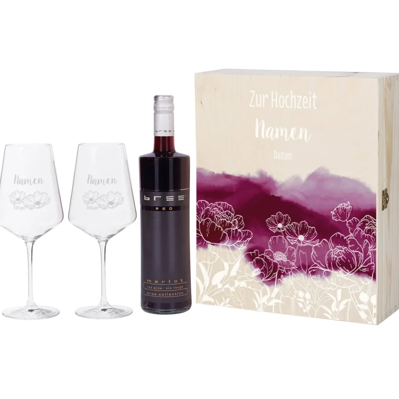 Wein-Geschenkset zur Hochzeit mit zwei gravierten Gläsern in einer persönlich gestalteten Holzbox