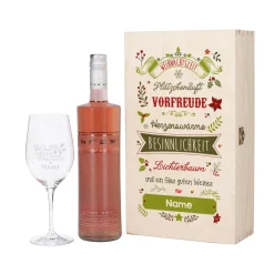 Wein - Geschenkset zu Weihnachten mit graviertem Weinglas und Flasche in bedruckter Holzbox