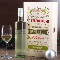 Wein - Geschenkset zu Weihnachten mit graviertem Weinglas und Flasche in bedruckter Holzbox