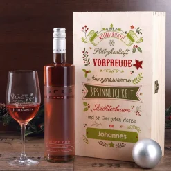 Wein - Geschenkset zu Weihnachten mit graviertem Weinglas und Flasche in bedruckter Holzbox