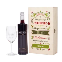 Wein - Geschenkset zu Weihnachten mit graviertem Weinglas und Flasche in bedruckter Holzbox