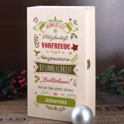 Wein - Geschenkset zu Weihnachten mit graviertem Weinglas und Flasche in bedruckter Holzbox