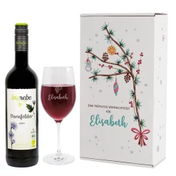 Wein-Geschenkset zu Weihnachten mit Biorebe Wein, Weinglas in festlicher Geschenkbox | 3 Sorten