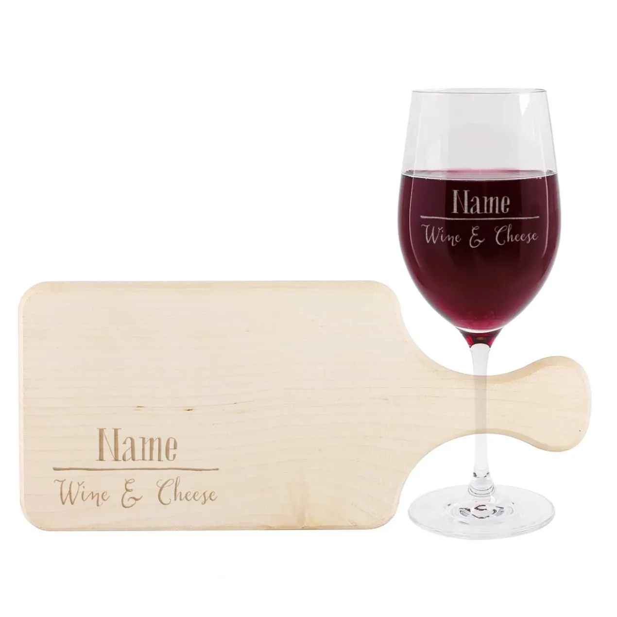 Weinglas und Holzbrett graviert mit Wine & Cheese und Name