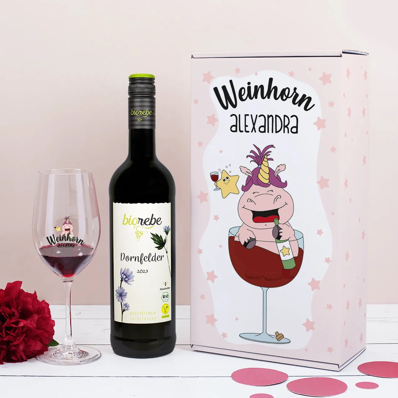 Weinhorn Geschenkset mit Weinglas und Biorebe Wein | Bienenfreundlich, Nachhaltig, Vegan