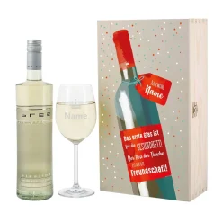 Weinset - Auf die Freundschaft - mit graviertem Glas in edler Holzverpackung