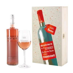 Weinset - Auf die Freundschaft - mit graviertem Glas in edler Holzverpackung