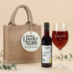 Weinset - Kleines Dankeschön - mit Weinglas, Wein und Verpackung