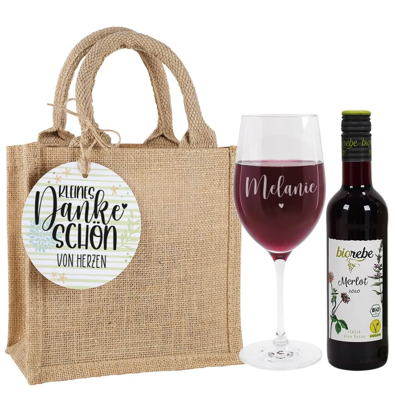 Weinset - Kleines Dankeschön - mit Weinglas, Wein und Verpackung
