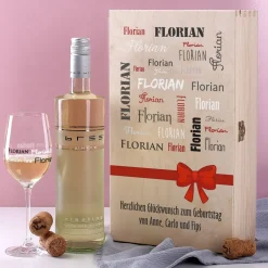 Wein-Set mit bedrucktem Glas in edler Holzverpackung