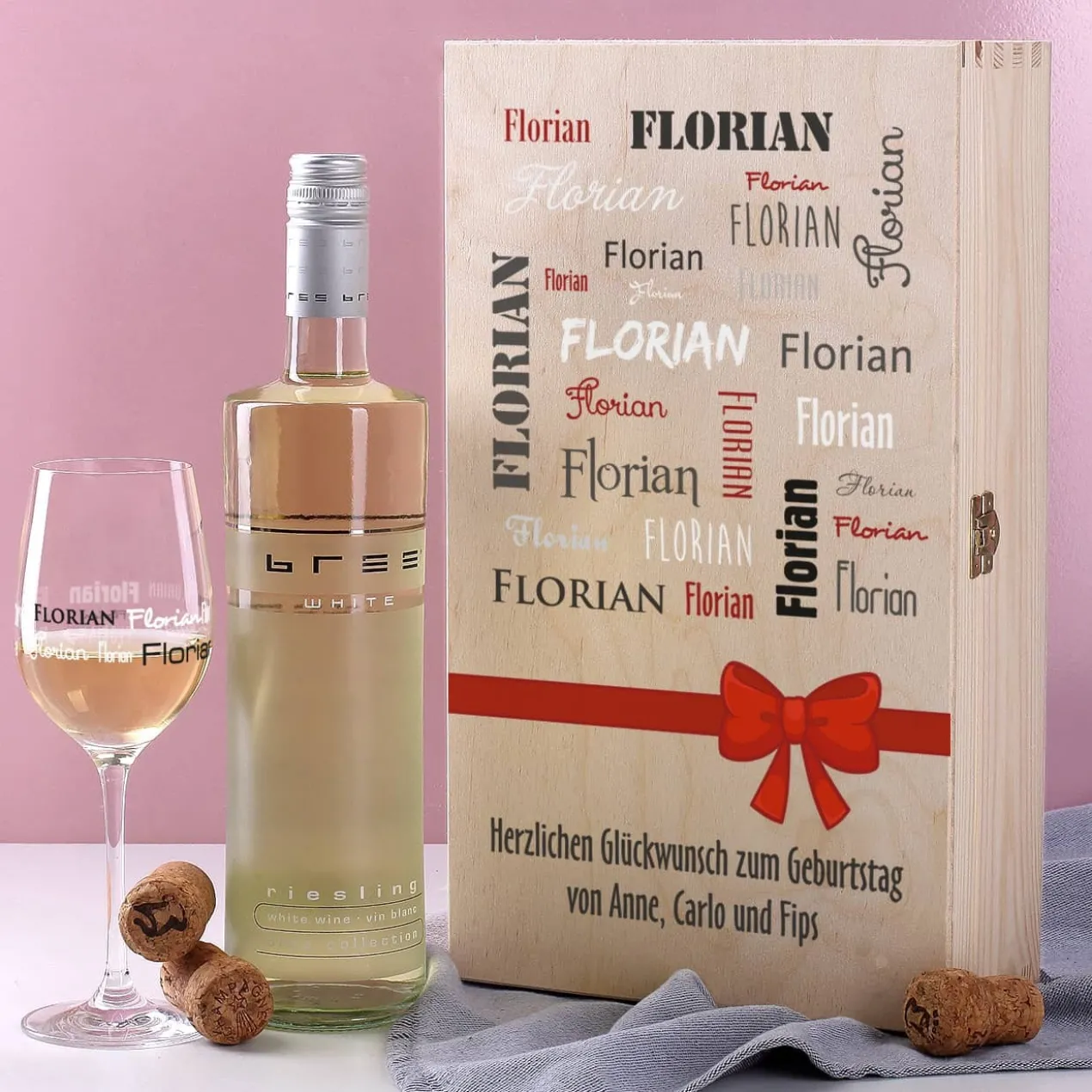 Wein-Set mit bedrucktem Glas in edler Holzverpackung