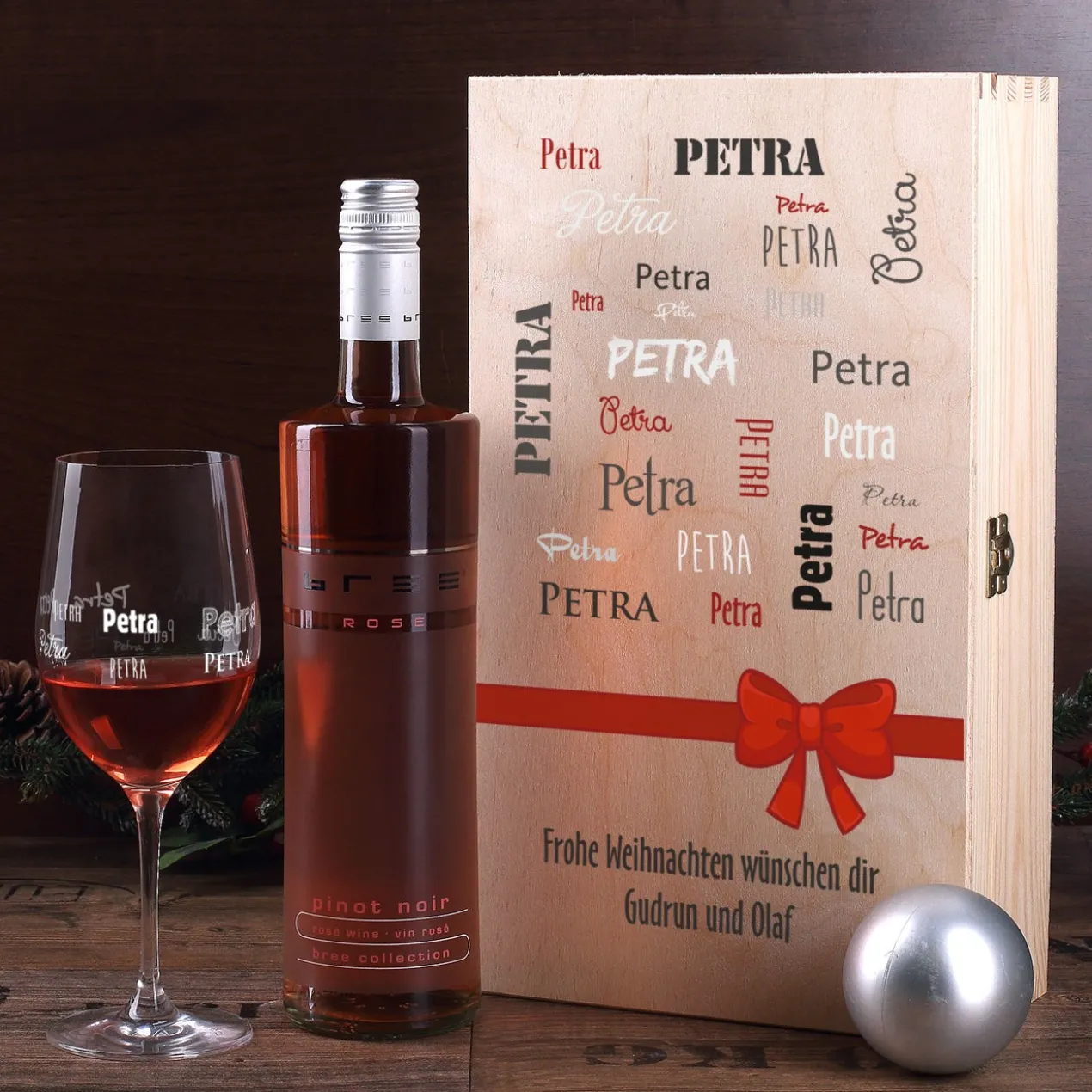 Wein-Set mit bedrucktem Glas in edler Holzverpackung