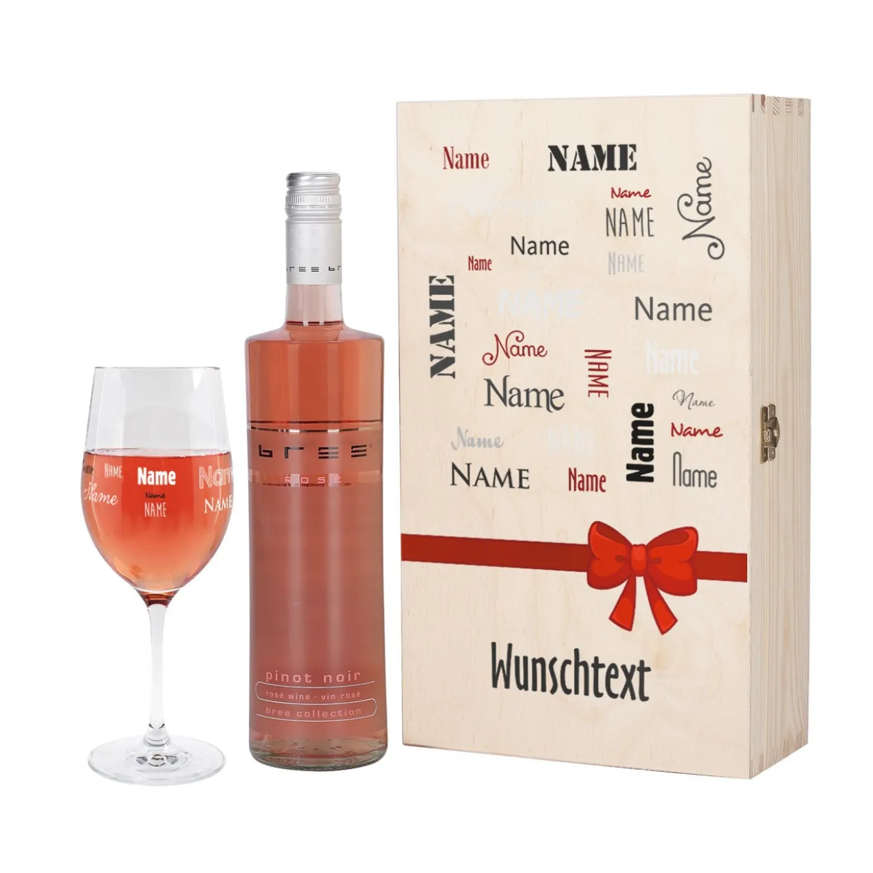 Wein-Set mit bedrucktem Glas in edler Holzverpackung