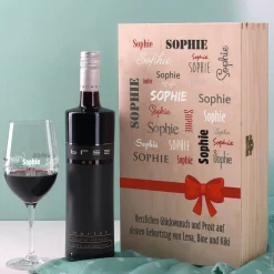 Wein-Set mit bedrucktem Glas in edler Holzverpackung