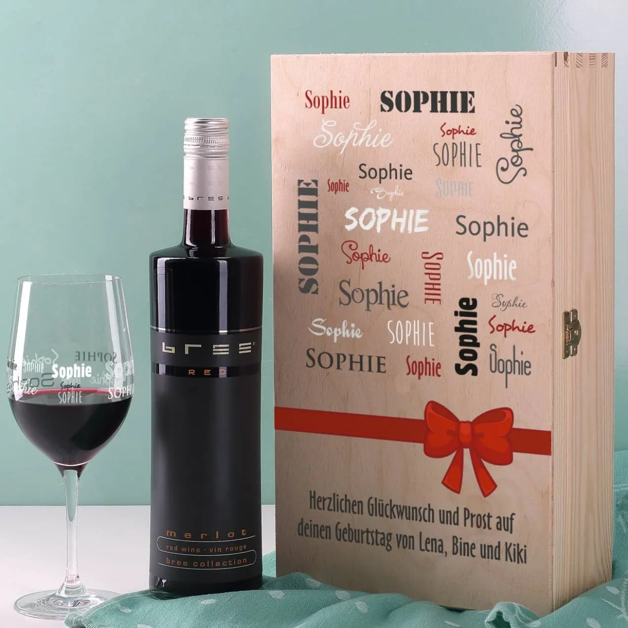 Wein-Set mit bedrucktem Glas in edler Holzverpackung