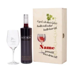 Wein-Set mit graviertem Glas - Egal, ob das Glas halb voll oder halb leer ist...