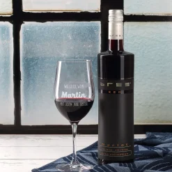 Wein-Set zum Geburtstag mit graviertem Glas in edler Holzverpackung