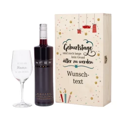 Wein-Set zum Geburtstag mit graviertem Glas in edler Holzverpackung