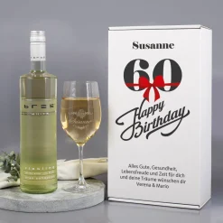 Weinset zum 60. Geburtstag mit graviertem Weinglas in Geschenkbox