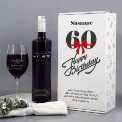 Weinset zum 60. Geburtstag mit graviertem Weinglas in Geschenkbox