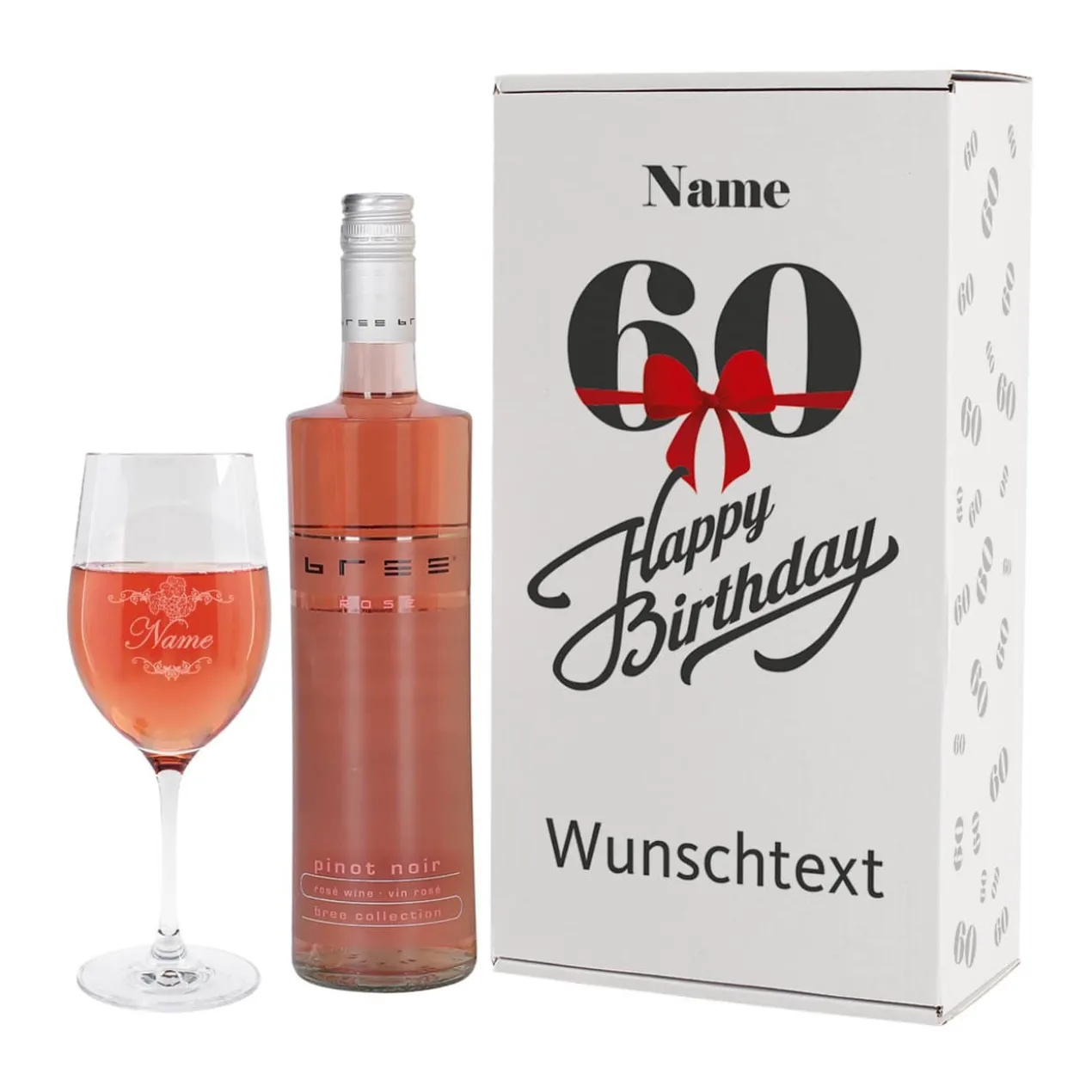 Weinset zum 60. Geburtstag mit graviertem Weinglas in Geschenkbox