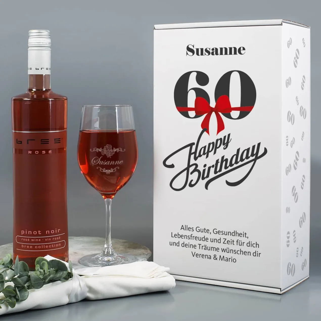 Weinset zum 60. Geburtstag mit graviertem Weinglas in Geschenkbox