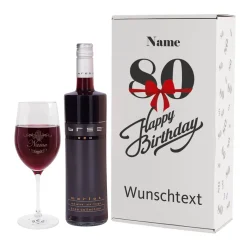 Weinset zum 80. Geburtstag mit Weinglas in bedruckter Geschenkverpackung