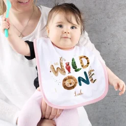 Weiß/rosa Lätzchen - little Wild One - mit Wildtieren und Name