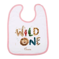 Weiß/rosa Lätzchen - little Wild One - mit Wildtieren und Name