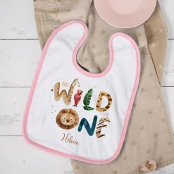 Weiß/rosa Lätzchen - little Wild One - mit Wildtieren und Name
