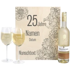 Weißwein Geschenkset zur Silberhochzeit mit Maybach und 2 gravierten Gläsern